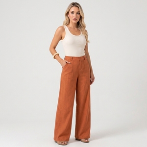Pantalones Anchos de Mezcla de Algodón y <span class=keywords><strong>Lino</strong></span> para <span class=keywords><strong>Mujer</strong></span>, Cintura Alta, Bolsillos Grandes, Transpirables, Rectos, Casuales, para Vacaciones - Product Image 2