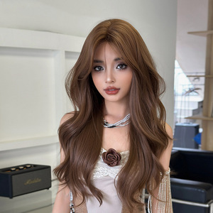 วิกผมสังเคราะห์แบบไม่ต้องติดกาว ไม่มีเชือกผูก  <span class=keywords><strong>ทรง</strong></span>ผมยาว 70 ซม. ลอนคลื่นสไตล์เกาหลี พร้อมหน้าม้า สีน้ำตาลชา  ไม่ต้องตัดแต่ง  สำหรับผู้หญิง - Product Image 1