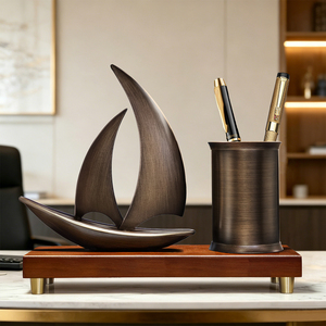 Sailboat Pen Holder Bronze Metal Desk Organizer with <b>Wood</b> Base Luxury Business <b>Desktop</b> Decor for Office - Product Image 4