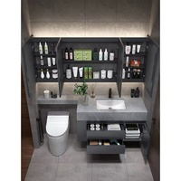 Meuble-lavabo de salle de bain en pierre frittée sur mesure, style luxe léger, avec vasque à coins arrondis, et armoire miroir LED intelligente avec lavabo intégré