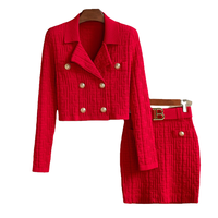 Ensemble tricoté géométrique uni style rétro pour femme, cardigan court à revers double boutonnage à manches longues, jupes slim avec ceinture, imprimé automne