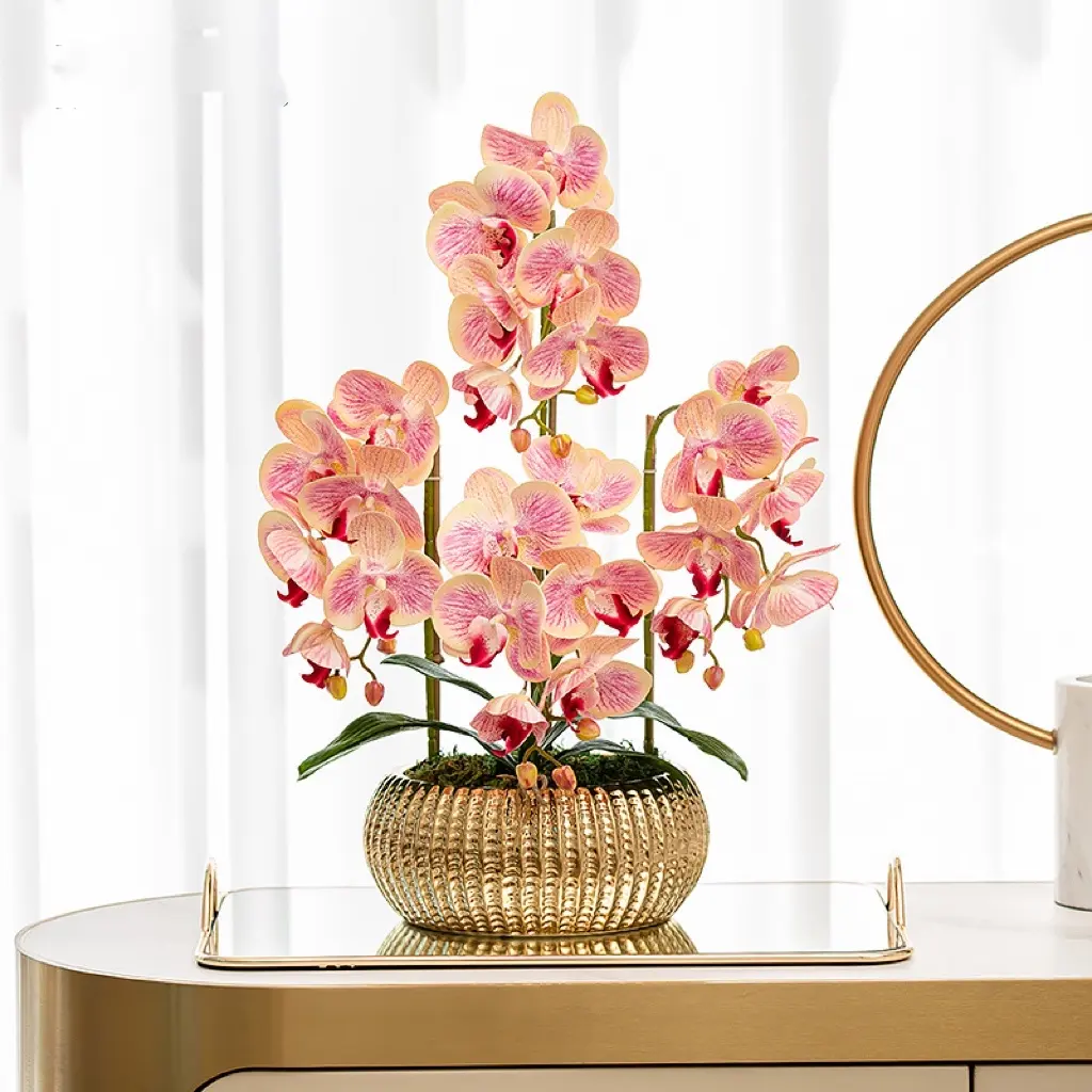 زهور الأوركيد الفراشة الاصطناعية مع وعاء ذهبي ، نباتات بوعاء عالية الجودة ، طباعة ثلاثية الأبعاد ، لمسة طبيعية ، من البولي يوريثين
