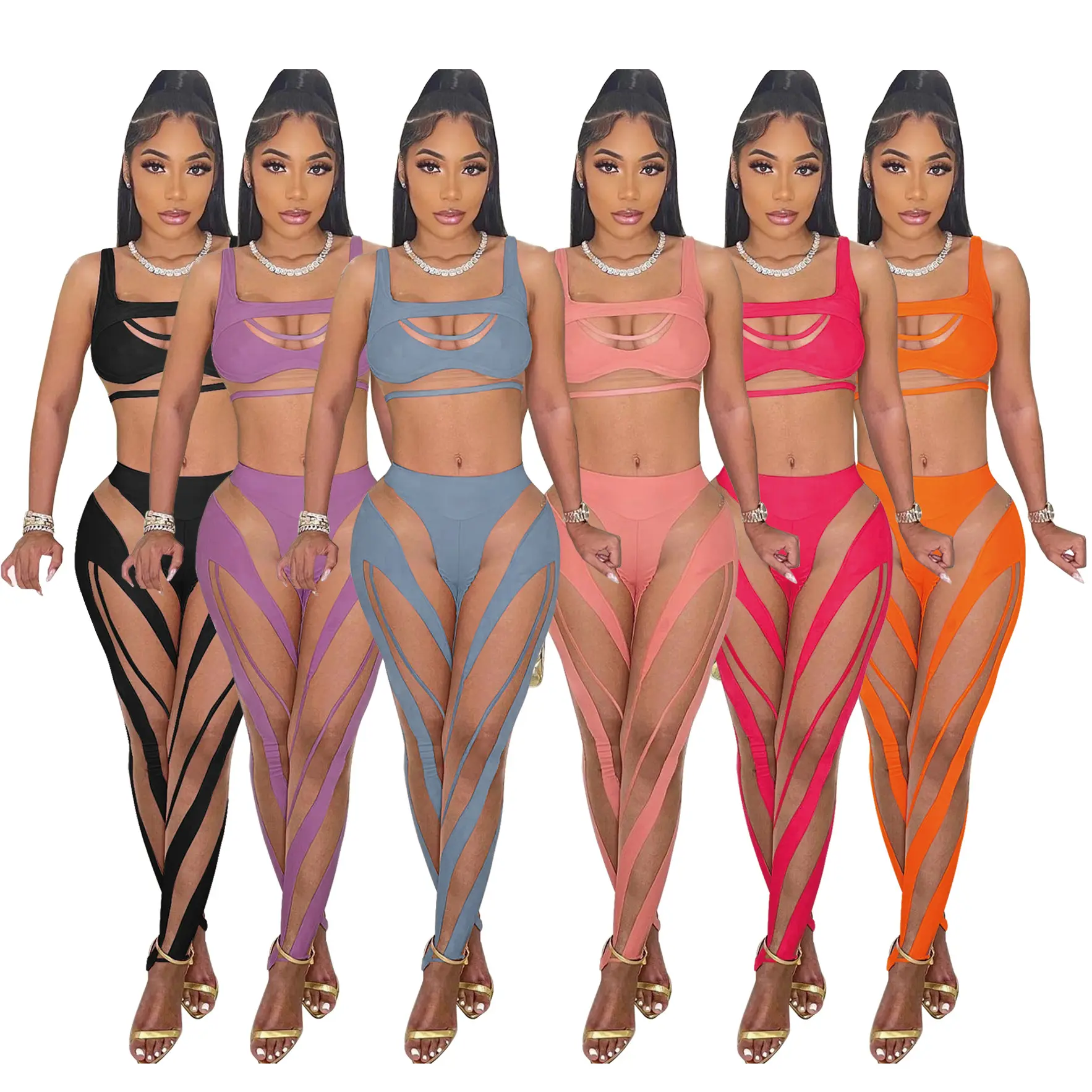 Summer sexy party Clubwear plus size two piece pants set Hollow out mesh nude see through 2 piece set women outfit streetwear