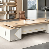 Escritorio Ejecutivo Moderno con Gabinete, Escritorio de Director Ejecutivo de Madera de Lujo con Mesa Lateral de Almacenamiento, Muebles de Oficina Comerciales