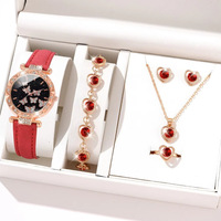 Ensemble de bijoux pour femmes, 5 pièces, montre à quartz en or rose, collier en cristal noir en forme de cœur, boucles d'oreilles, bague, bracelet, boîte cadeau