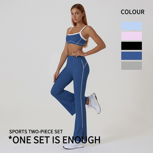 Ensemble de yoga sportif 2 pièces pour femmes, soutien-gorge contrasté et pantalon évasé, respirant, en élasthanne/nylon - Product Image 4