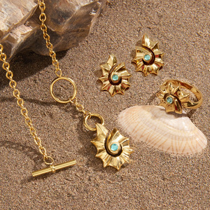 Parure de bijoux en acier inoxydable en forme de fleur pour femme avec incrustation de turquoise et serti clos, motif vie marine - Product Image 3