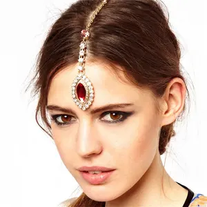 Red Hairpin Indian Ethnic Pink Gemstone Teardrop Rhinestones Forehead Filler Forehead Jewelry