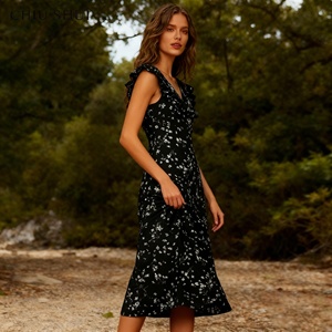 Stilvolles ärmelloses Kleid mit Blumenmuster für Frauen Elegantes Midi kleid mit Rüschen und V-Ausschnitt und schmalem Design - Product Image 2