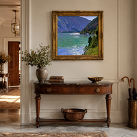Pintura al Óleo de Paisaje de Lago Alpino, Arte de Pared en Lienzo Enmarcado en Oro Vintage, Hecho a Mano, Tamaño Personalizado para Hotel, Villa, Sala de Estar, Dormitorio