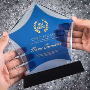 Trofeo <span class=keywords><strong>de</strong></span> cristal <span class=keywords><strong>de</strong></span> metal Blue Star <span class=keywords><strong>de</strong></span> diseño gratuito | Premio premium a la excelencia académica Reconocimiento corporativo y competiciones deportivas - Product Image 1