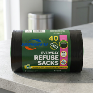 Rollo de Bolsas de Basura de PE de Grado Comercial, Negras, Duraderas, con Sellado Térmico, HDPE/LDPE, para Uso Doméstico, Impresión por Grabado - Product Image 1