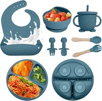 Ensemble de repas pour bébé en silicone écologique 8 pièces avec assiette, bavoir, bol, cuillère, fourchette, tasse - Passe au lave-vaisselle et réutilisable