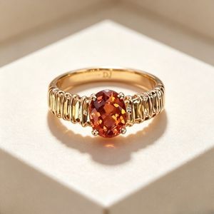 925 Sterling <b>Silver</b> Yellow Gold Orange <b>Garnet</b> <b>Ring</b> Oval Fire Stone Ribbed Textured Band Statement <b>Ring</b> - Product Image 2