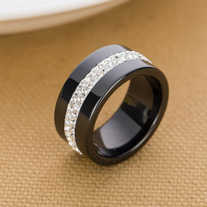 <b>Ceramic</b> Fashion <b>Ring</b> 10MM Double Row Rhinestone Inlay Unisex Jewelry Gift White Black Red AB Color Options - Product Image 4
