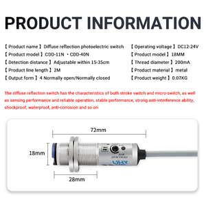 YHKJ-Interruptor fotoeléctrico de 12-24V, sensor fotoeléctrico de reflexión difusa NPN de CC de cuatro cables, interruptor fotoeléctrico de, 12-24V - Product Image 5