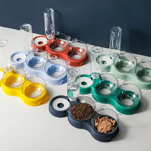 Gaya baru otomatis air minum plastik mangkuk hewan peliharaan pengumpan makanan kucing mangkuk dua mangkuk anjing dengan botol air