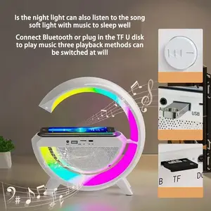 Popular Multifunctional G-shape Bluetooth Speaker Alarm Clock LED Music Lamp With Phone Wireless Charger