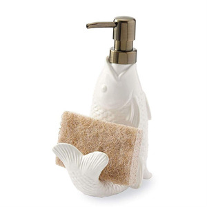 Distributeur de savon en céramique en forme de poisson pour la cuisine avec porte-éponge - Product Image 1