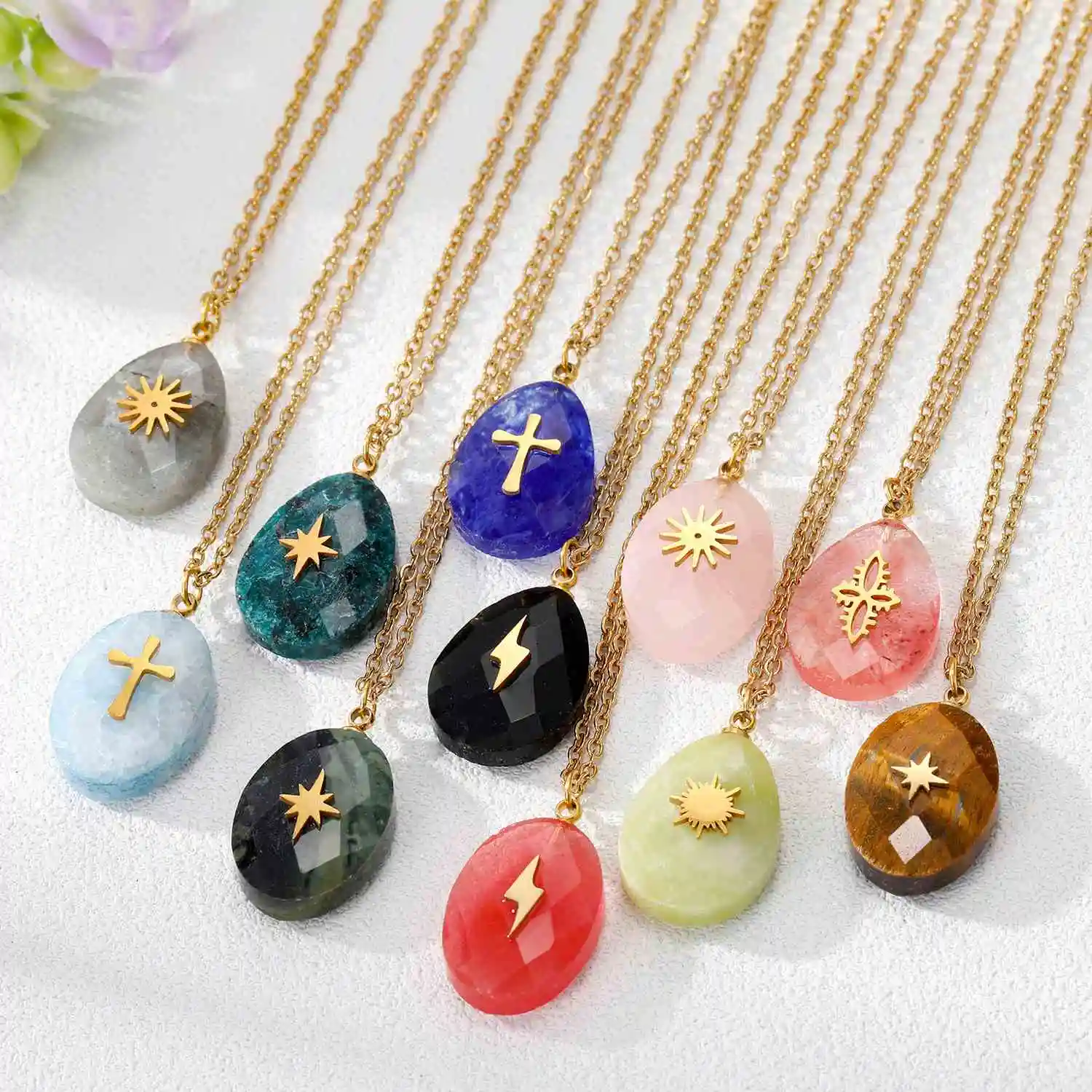 hot sale Small Gemstone Pendant gold plated Stainless Steel cross lightning quartz necklace