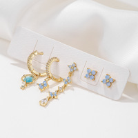 Anting Tusuk Bunga Biru Lapis Emas Ramah Lingkungan Terlaris, Set 5 Buah dengan Rumbai untuk Wanita