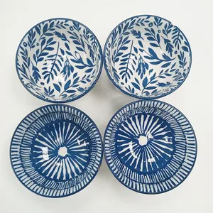 Tazón de porcelana azul y blanca de alta calidad, Impresión de estilo nacional, con color brillante, venta directa de fábrica