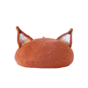 Parent-Child Fall Autumn Winter Wool Felt Hat Handmade Cat Ear Meow Painter Hat Mushroom Gift Present Beret