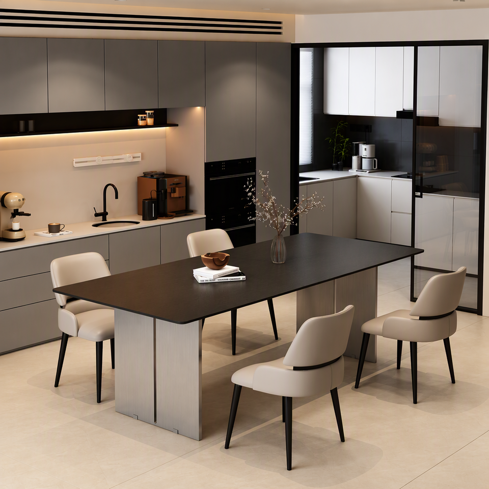 Sintered Stone Dining Table Rectangular Black Surface Steel Base Modern ...