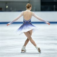 Robe de patinage et de danse pour enfants et adultes, dégradé bleu et blanc, maille transparente, manches longues, garniture en strass dorés, pour compétition et spectacle de patinage sur glace