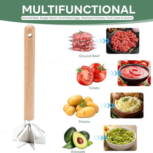 304 Stainless Steel Meat Chopper With Wooden Handle 6‑Blade Multifunctional Ground Meat Masher Potato Mashing Kitchen Cooking To - Product Image 5