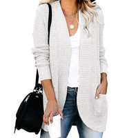 Cardigan en tricot pour femme en polyester acrylique uni décontracté à col en V long avec poches