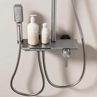 Ensemble de douche thermostatique encastré en aluminium spatial, finition chrome poli, avec pommeau de douche pluie et jet gris à motif de pulvérisation, et bouton de commande