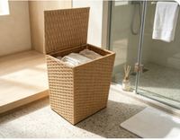 Panier à linge en rotin PE tissé à la main avec couvercle, panier de rangement carré en osier pour vêtements, boîte de rangement pour vêtements pour chambre à coucher et salle de bain