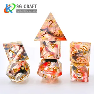 Transparent Red And Black Swirl Dice Setfor DND Game Polyhedral Custom Resin Sharp Edge Dice
