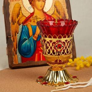 ตะเกียงน้ำมันแบบออร์โธดอกซ์คริสเตียน HT ทำจากโลหะผสมสังกะสี พร้อมถ้วยแก้วสีแดงและขาตั้ง สำหรับแท่นบูชาในโบสถ์และการใช้งานพิธีกรรม - Product Image 1