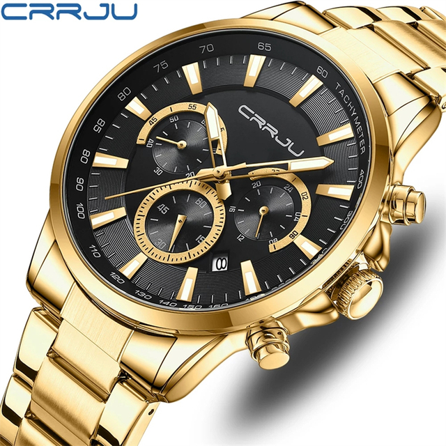 CRRJU Men's Top Brand Fashion Chronograph Quartz Watch Full Steel Waterproof and Stylish for Sports and Business Model 2303
