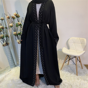 Vêtements islamiques Abaya de couleur menthe avec perles, Abaya musulmane pour femmes de Dubaï, Abaya à ouverture frontale ornée de perles - Product Image 5