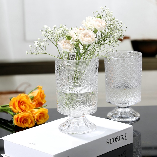 Wholesale Glass Vases Living Room Decoration Minimalist Water Flower Jar European Style High Foot Embossed Tabletop Glass Vase