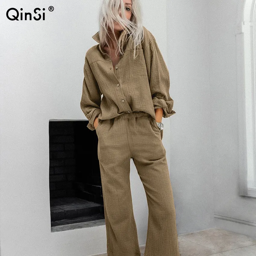 QINSI 2023 décontracté col rabattu nouveau dans les femmes pyjamas coton marron poche pyjamas pour femmes automne kaki vêtements de nuit pour femmes
