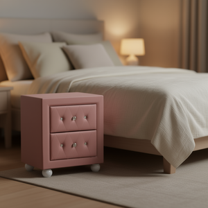 Comodino rosa a 2 cassetti in pelle, mobili moderni e contemporanei per camera da letto - Product Image 2