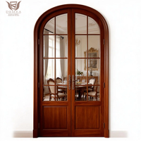 Porte d'entrée principale de villa de luxe DEMEA, en chêne massif avec panneau en verre trempé, porte française moderne à double battant cintrée pour appartement et hôtel