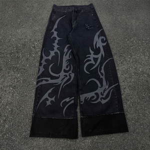 Jean large déchiré à ourlet brut imprimé respirant pour homme, 100 % coton, denim tricoté, style hip-hop streetwear, coupe ample, automne - Product Image 3