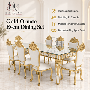 Luxury Stainless Steel <b>Mirror</b> Top Dining Table Set with <b>Ornate</b> High Back Chairs for Wedding Banquet Supply - Product Image 3