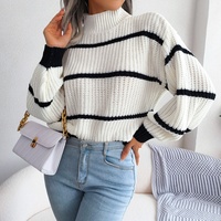 Pull ample décontracté pour femme en maille acrylique respirante, col semi-montant, manches lanternes, idéal pour l'hiver