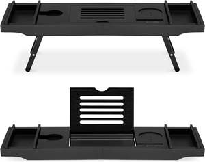 Plateau <span class=keywords><strong>de</strong></span> lit et <span class=keywords><strong>de</strong></span> bain-Support en bois avec pieds pliants-Étagère en bambou pour <span class=keywords><strong>baignoire</strong></span> Caddy Bridge avec support pour livre ou <span class=keywords><strong>tablette</strong></span>-Noir - Product Image 1