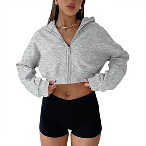 Vente en gros : Sweat à capuche court zippé en polaire uni, haute qualité, à épaules tombantes, pour le sport et le fitness, vêtement de sport pour femme - Product Image 1