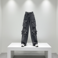 Jean cargo vintage gris personnalisé en denim, multi-poches, taille haute, streetwear, coupe large, baggy, pour femme