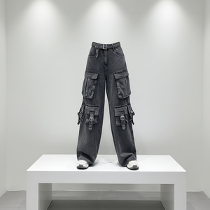 <span class=keywords><strong>Vaqueros</strong></span> Cargo Grises Vintage Personalizados para <span class=keywords><strong>Mujer</strong></span>, <span class=keywords><strong>Pantalones</strong></span> de Mezclilla con Múltiples Bolsillos, Cintura Alta, Estilo Urbano, Pierna Ancha y Holgados - Product Image 3