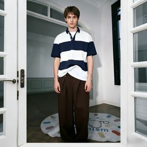 เสื้อยืดทรงบ็อกซี่ลายทางสไตล์สตรีทแวร์ผู้ชาย TKAN623D ผลิตตามสั่ง ผ้าคอตตอนหนานุ่ม ทรงหลวม ไหล่ตก แบบครอป - Product Image 1