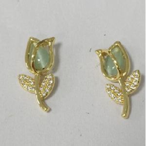 Pendientes de Moda con Piedra Ojo de Gato, Baño de Oro de 18K, Esmalte Brillante y Circonitas en Forma de Flor para Mujer - Product Image 3
